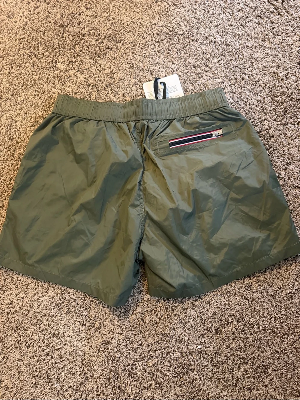 Moncler Olive Swim Trunks with Logo Patch